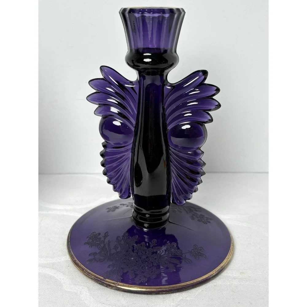 2 VTG Paden City Purple Amethyst Glass Art Deco Candlesticks Maya Ardith Etching